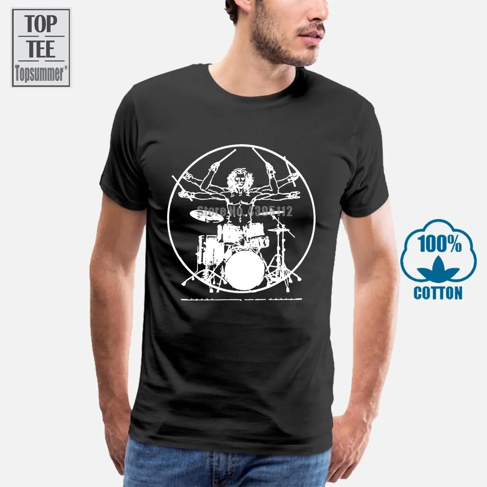 

Cotton T Shirt Fashion Da Vinci Drums T Shirts Rock Drummer Vitruvian Man Player Band Guitar Bass Amp Tee Drumming Vintage