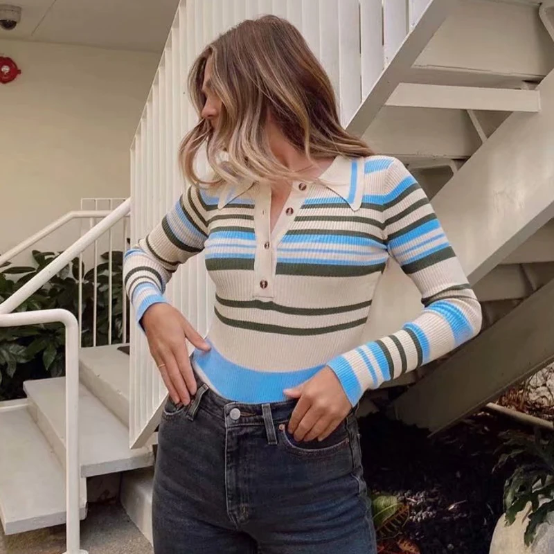 Spring Women Fashion V Neck Short Sleeve Pinstripe Slim Bodysuits Knitted Women  Playsuit Lapel Collar Sexy Bodysuit