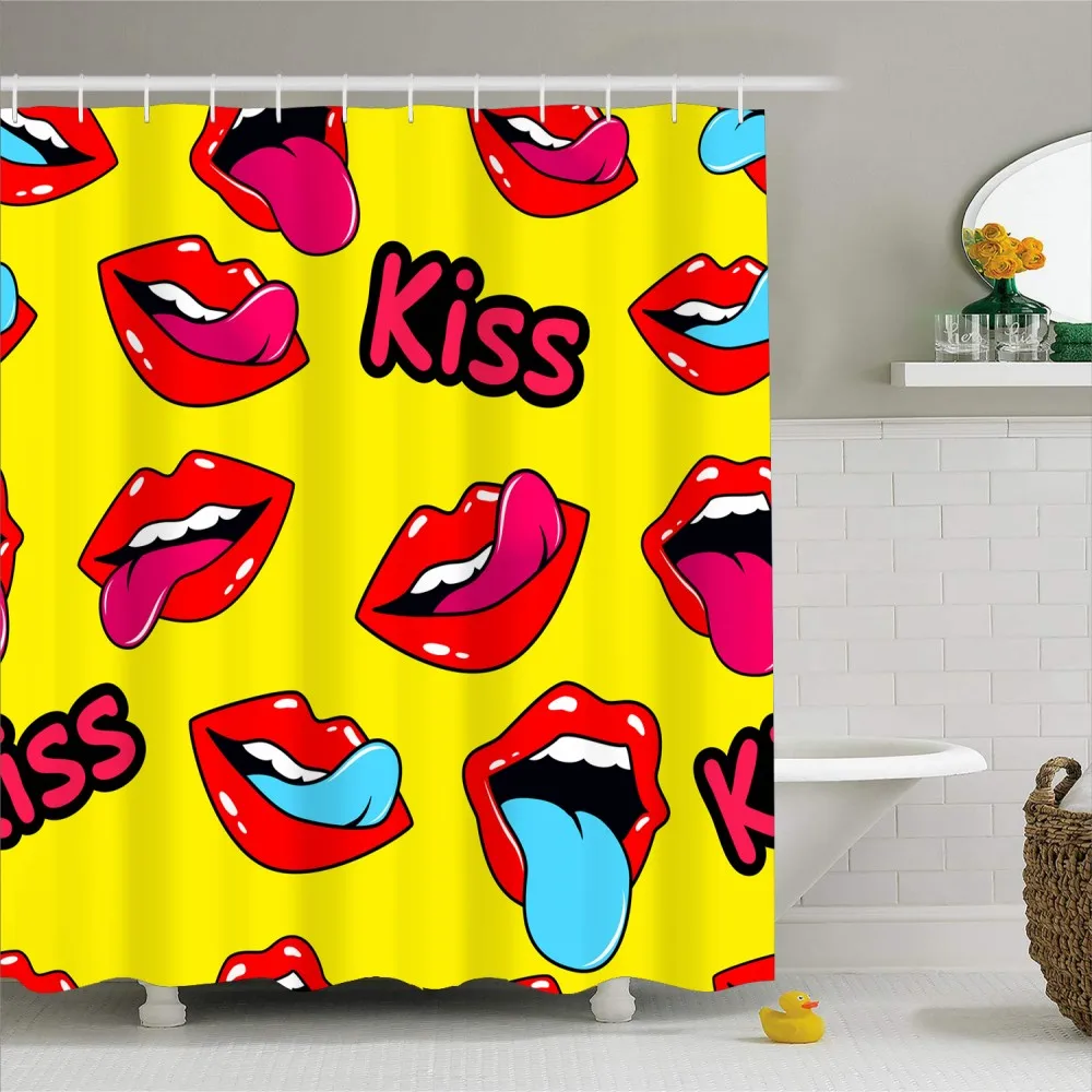 

3D поцелуй красные губки печать занавеска для ванной Водонепроницаемый полиэстер занавеска для душа с крючками креативный Декор для ванной ...
