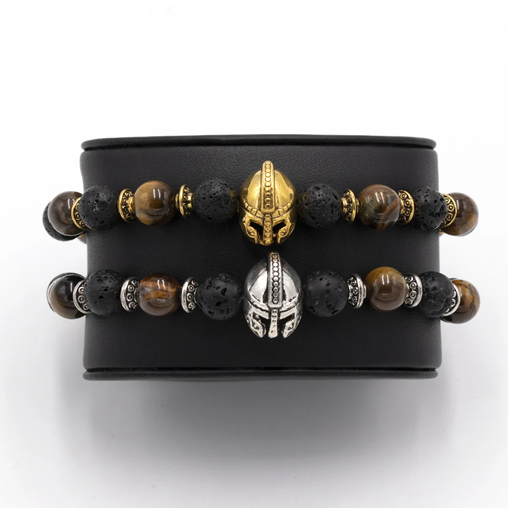 Модные ювелирные изделия черный камень лавы браслет для мужчин с золотой цвет