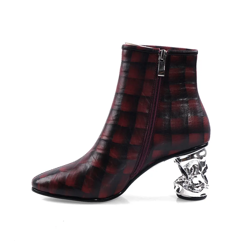 Phoentin/женские ботинки из овечьей кожи в мелкую клетку обувь на высоком каблуке с