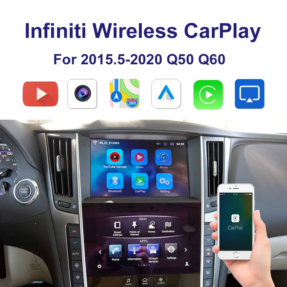 

Автомобильный интерфейс Carplay без записи, Поддержка Iphone, Android, Автомобильное видео Youtube для 2015 -2020 Infiniti Q50 Q60