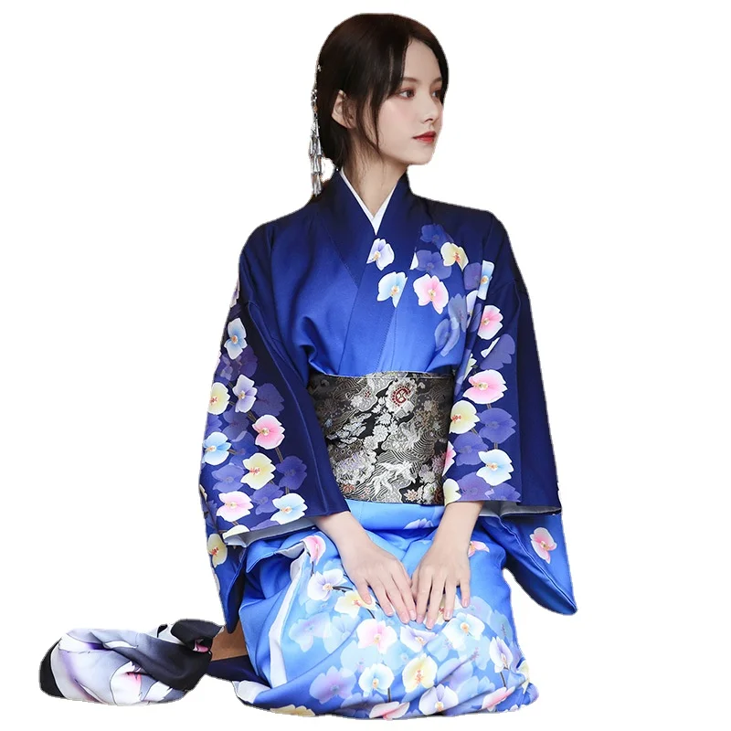 Traditional Japanese Long Kimono Blue Cherry Blossoms Printed Yukata Women Robe Long Dress Photography Cosplay Costume