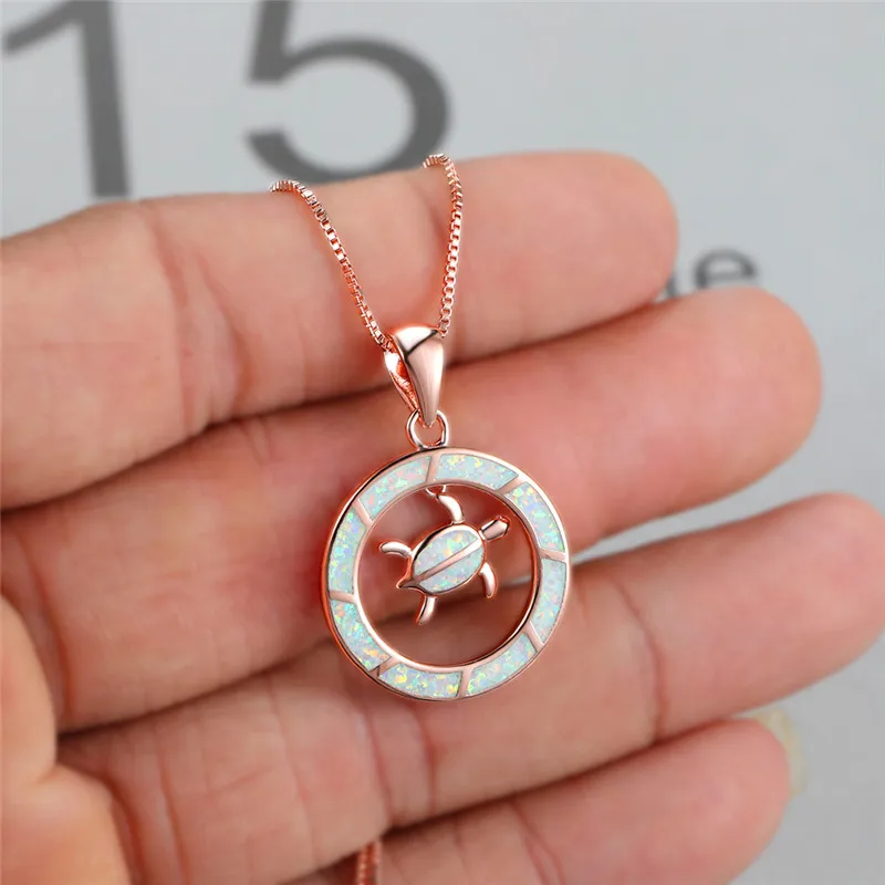

Boho Female Round Opal Pendant Necklace Rose Gold Silver Color Chain Necklaces For Women Trendy Sea Turtle Wedding Necklace