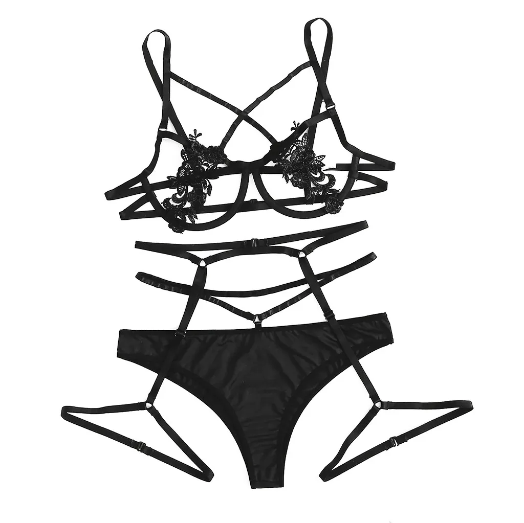 Сексуальное изысканное кружевное нижнее белье бюстгальтер + подвязка трусы