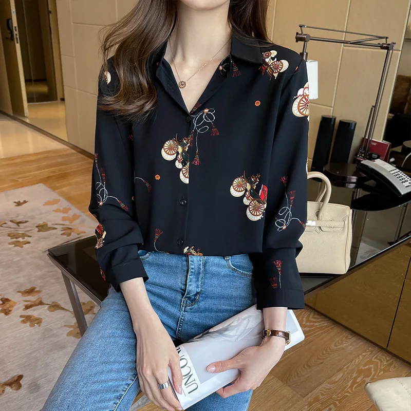 2021  New Large Size European American Print Floral Women Casual Shirts Long Sleeve Fashion Chiffon Girl  Top Clothes B045