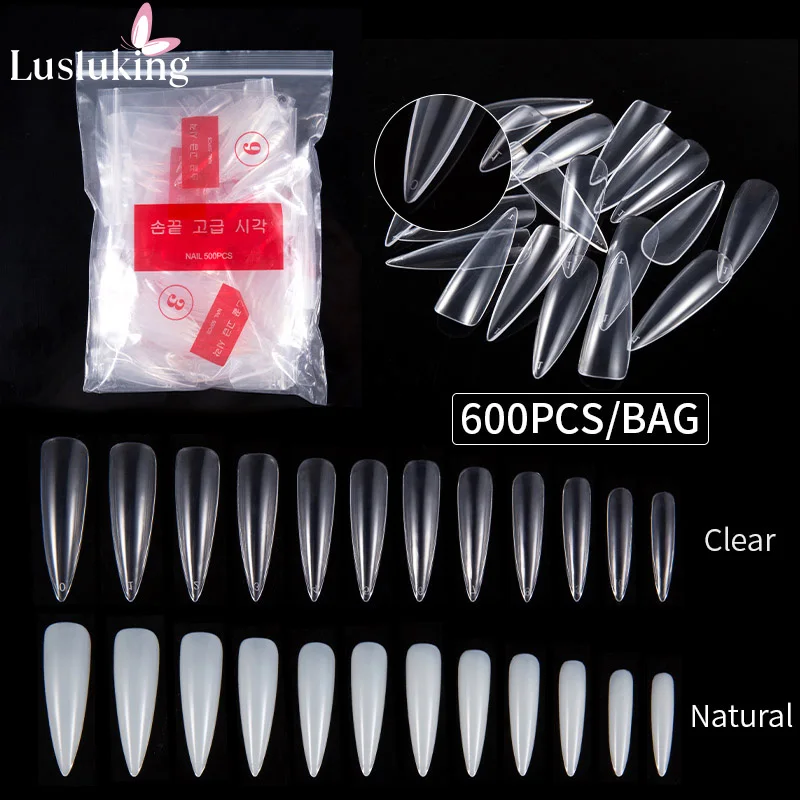Natural Clear Artificial Nail Tips Full Cover Fingernails Manicure False Nails Extension Tool 240/600Pcs 12 Sizes