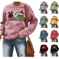 winter sports loose womens long sleeved sweater round neck peace love grinch cartoon print womens top