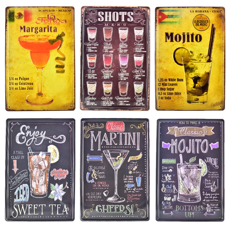 

Vintage Martini Mojito Cocktail Emboss Metal Sign Retro Beer Wine Poster Tin Plate Irish Pub Bar Restaurant Cafeteria Room Decor