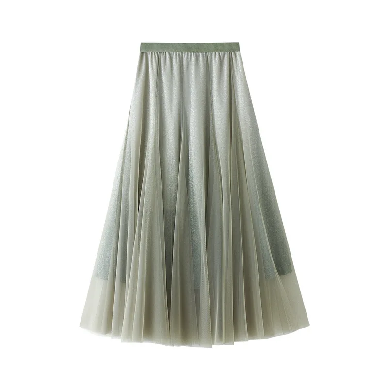 

Gradient Bright Silk Skirt Women A Line High Waist Large Swing Mesh Pleated Saia Women Clothes Skirts Womens