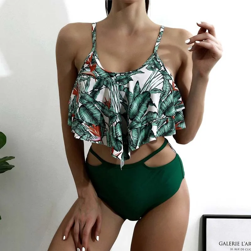 

Summer Swimwear Sexy Lady Floral Print Strap Skinny Ruffles Strappy Tanks Panties Female Bikini Sets for Women 2021