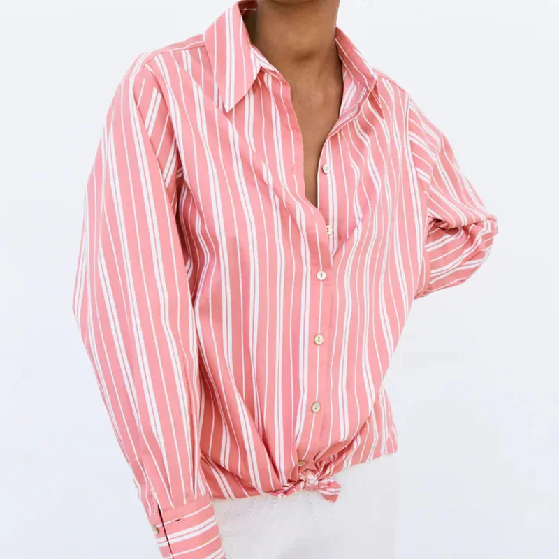 

New ladies pink striped printed shirt long-sleeved lapel top casual mid-length blouse