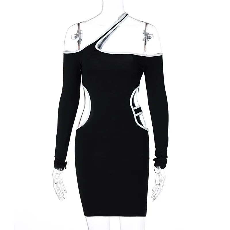 

ZKYZWX Sexy Night Club Party Dress for Women Summer Clothes Off Shoulder Long Sleeve Backless Hollow Out Bodycon Mini Dresses