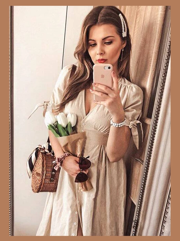 Sheinside, элегантное женское платье миди с глубоким v-образным вырезом,, летнее платье трапециевидной формы с высокой талией, женское повседневное однотонное платье на шнуровке с манжетами