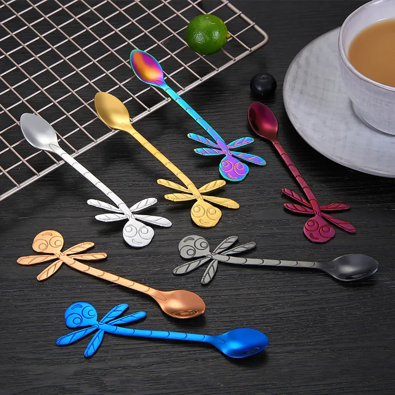 

Stainless Steel Coffee Mixing Spoon Colored Dragonfly Shape Spoon Tableware Tea Dessert Fruit Ice Cream Scoop Accessories