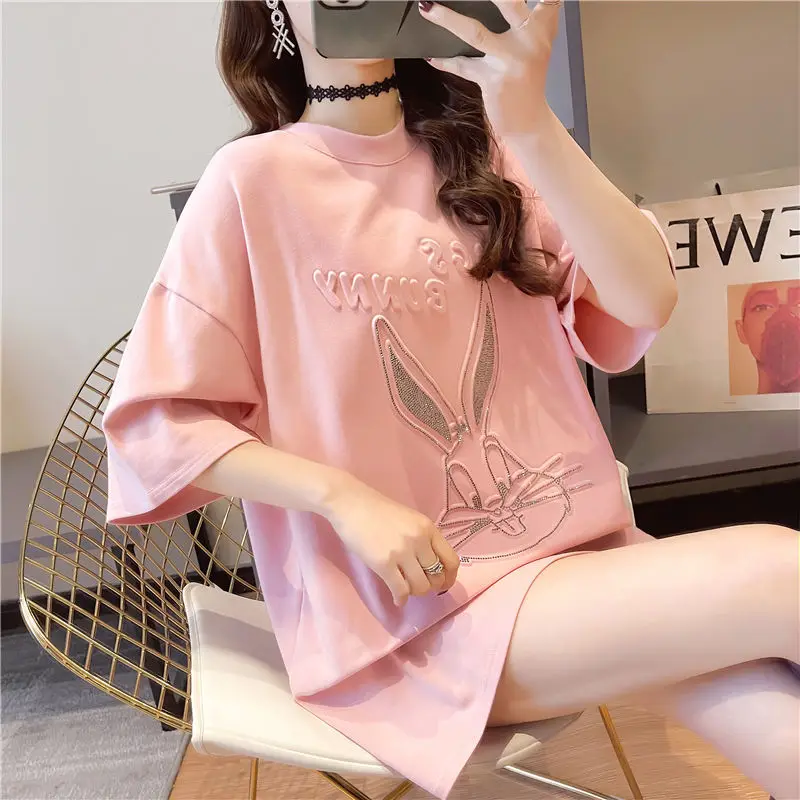 

2021 Women Summer T Shirt 3D pattern Diamonds Haif sleeves Loose long style Good quality