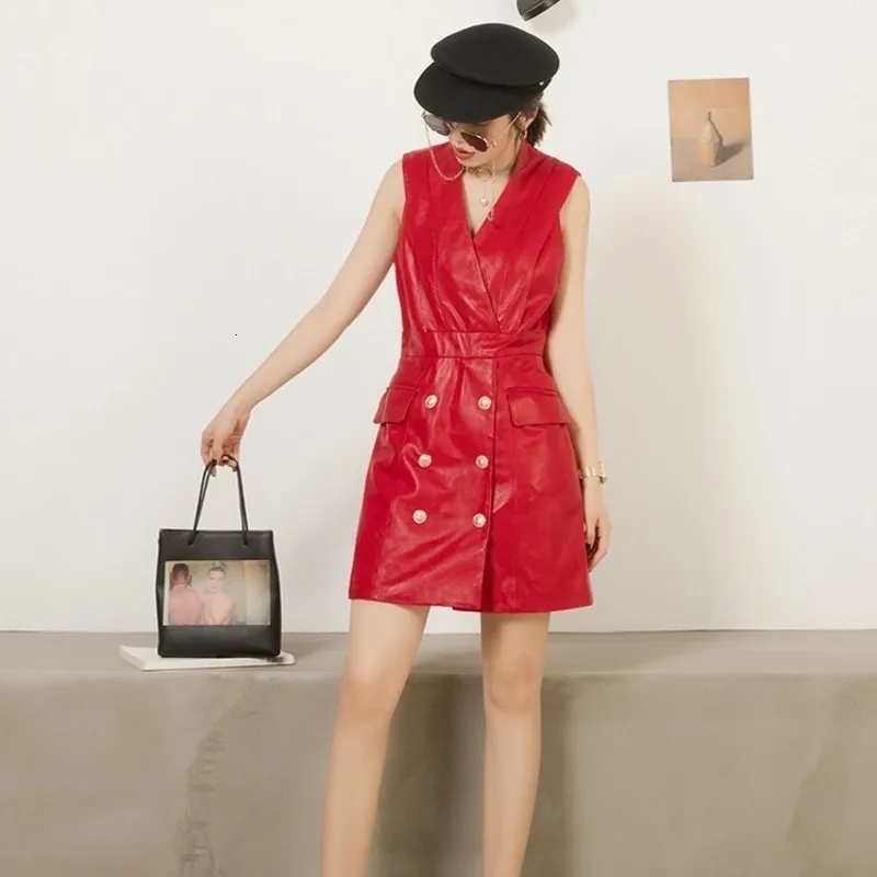 Горячее предложение сексуальное женское двубортное платье из натуральной кожи с