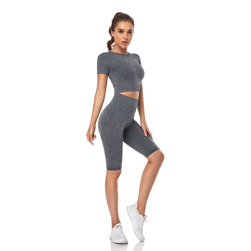 

Summer Seamless Yoga Suit Women 3pcs Shorts Set High Waist Yoga Shorts Fitness Sports Bra Short Sleeve Crop Top Gym Sportswear