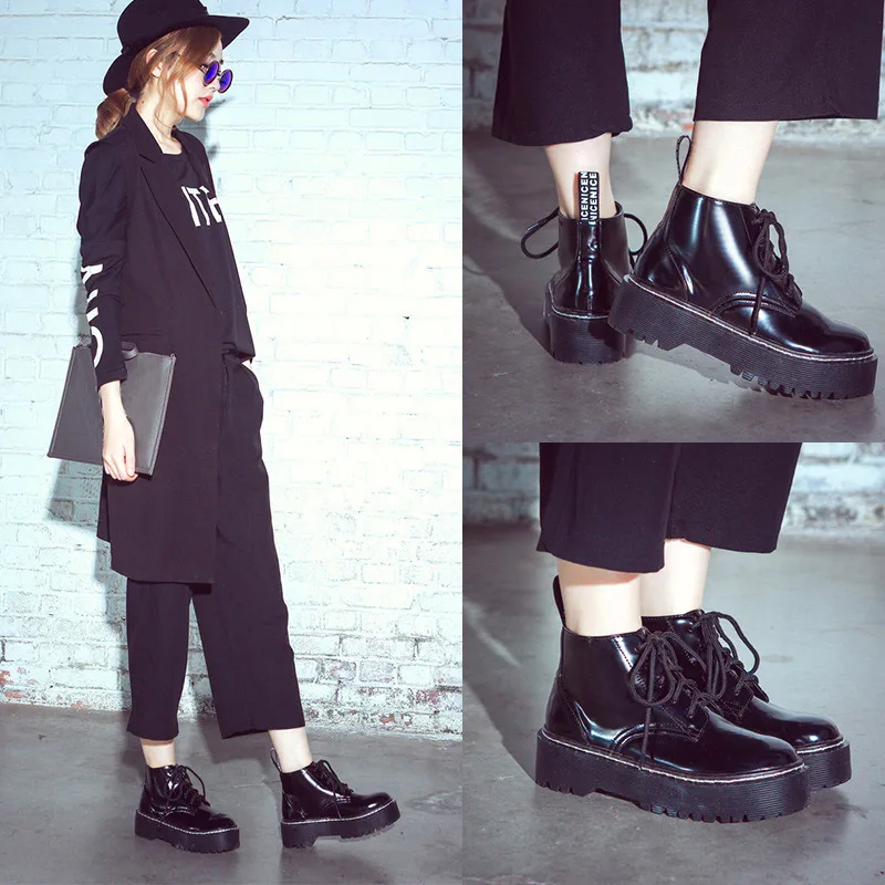 Women's Flat Platform Ankle Boots Autumn Patent Leather Boot Black Lace Up Creepers Shoes Fashion Party Footwear Drop Shipping