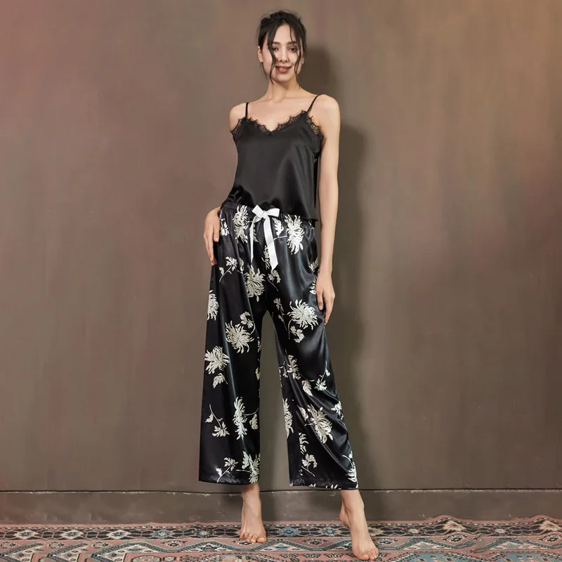 

2pcs/lot Women's Pajamas Set Sexy Sleepwear Home Clothes Suit Print Nightwear Underwear Ladies Sling Top Pants