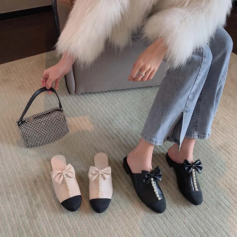 

New fashion sweet but not greasy handmade bowknot pearl sheepskin slippers