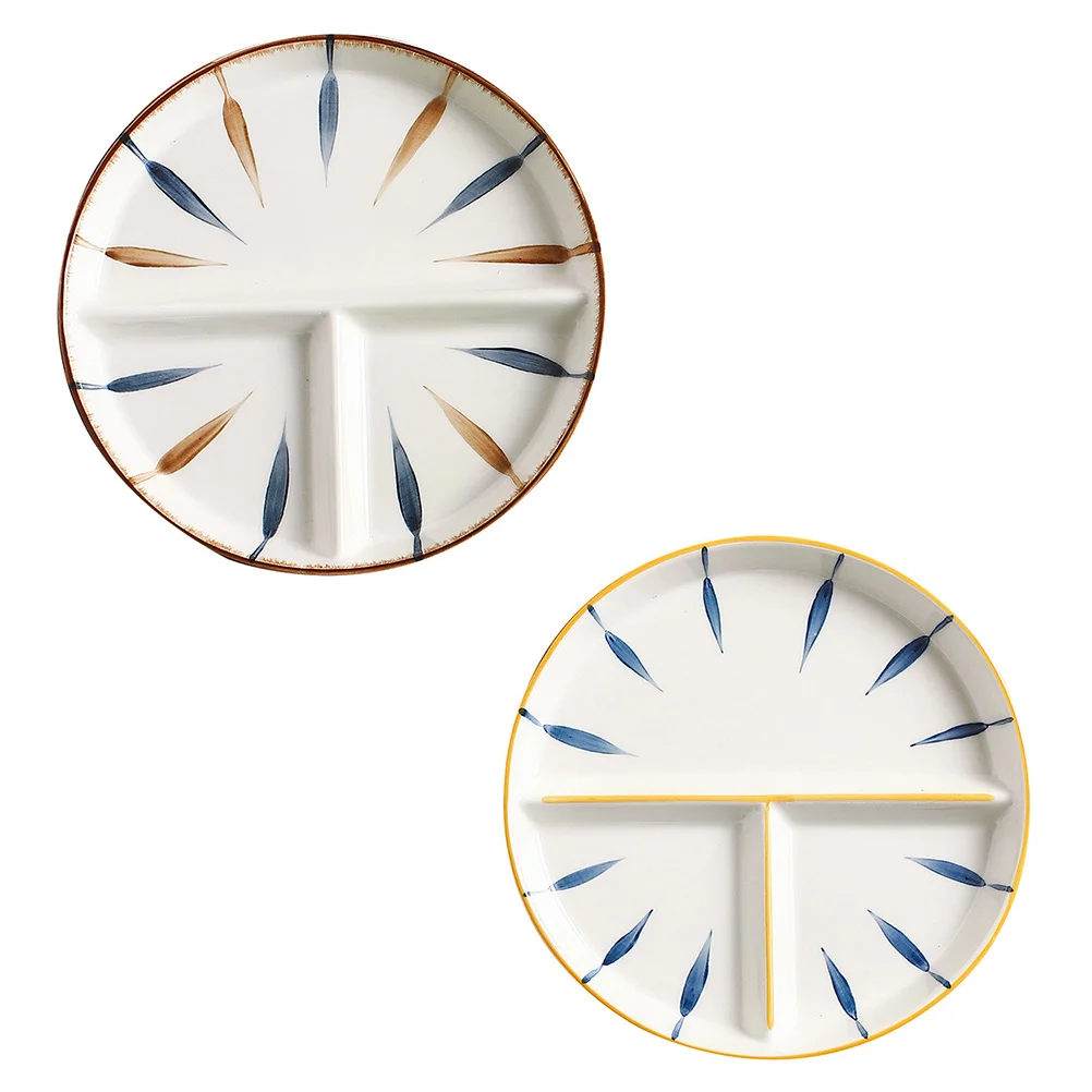 

2pcs Delicate Ceramic Breakfast Plate Three-grid Plate Quantitative Plate