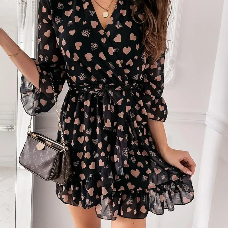 

2021 V Neck A Line Spring Autumn Love Print Three Quarter Sleeve Party Dress Women Casual Mini Vestidos Femme Robe