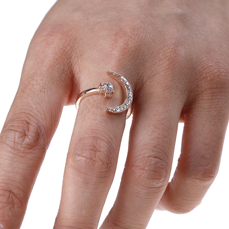 Модное открытое регулируемое циркониевое кольцо со звездой и луной модное