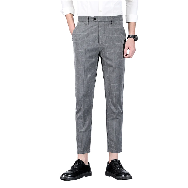 Брюки Мужские приталенные в клетку повседневные брюки стиле смарт-кэжуал тонкие