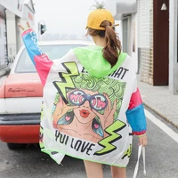 korean style long jacket women lightweight loose hooded coat funny print spring summer colour block sun protection outwear