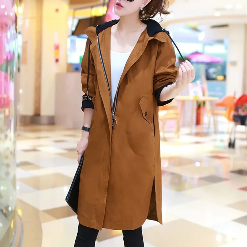 Женский плащ с капюшоном повседневное пальто средней длины цвета хаки