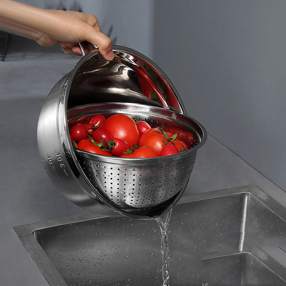 

304 Stainless Steel Vegetable Washing Drain Basin Kitchen Rice Washing Double-layer Rotating Flip Washing Fruit Basket