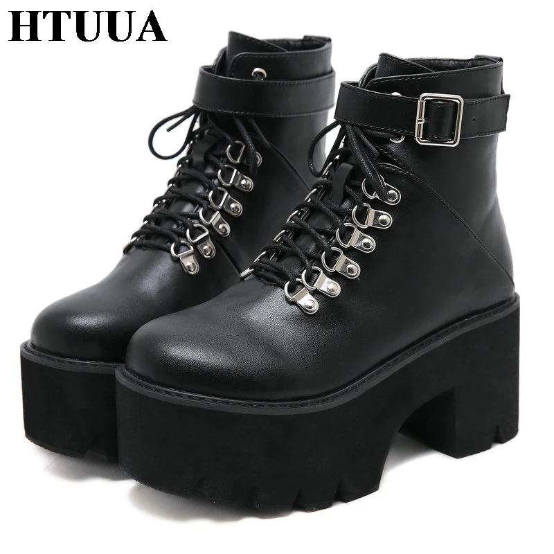HTUUA/модные ботинки на платформе со шнуровкой и заклепками женские короткие