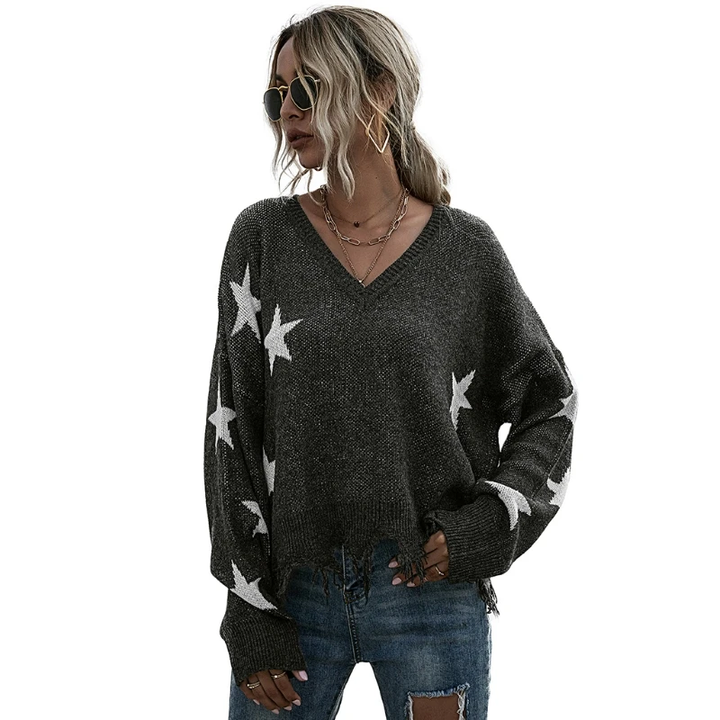 

Women Long Sleeve Knitted Stars Tassel Sweater Sexy V-Neck Casual Loose Jumper Pullover Tunic Tops Autumn Winter Clothing