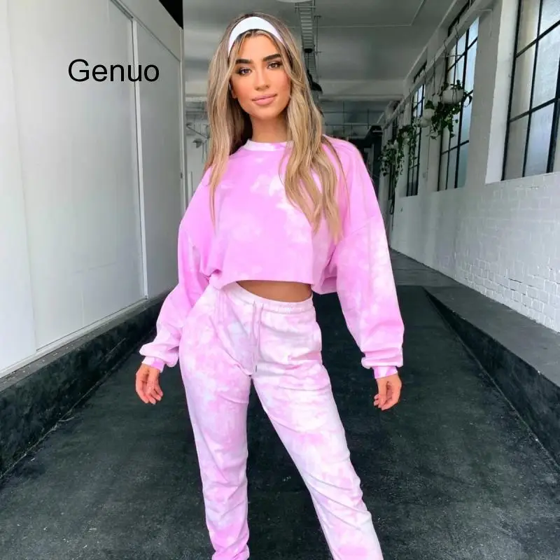 Модный тренировочный костюм короткий с капюшоном галстуком краской комплект из