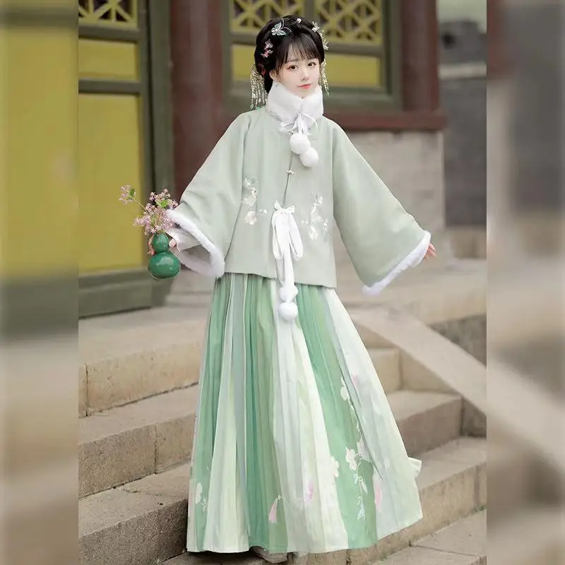 

Autumn and Winter Chinese Style Women's Elegant Hanfu Floral Embroidery Suit Thick Ming Square Collar Half-sleeved Top Winter