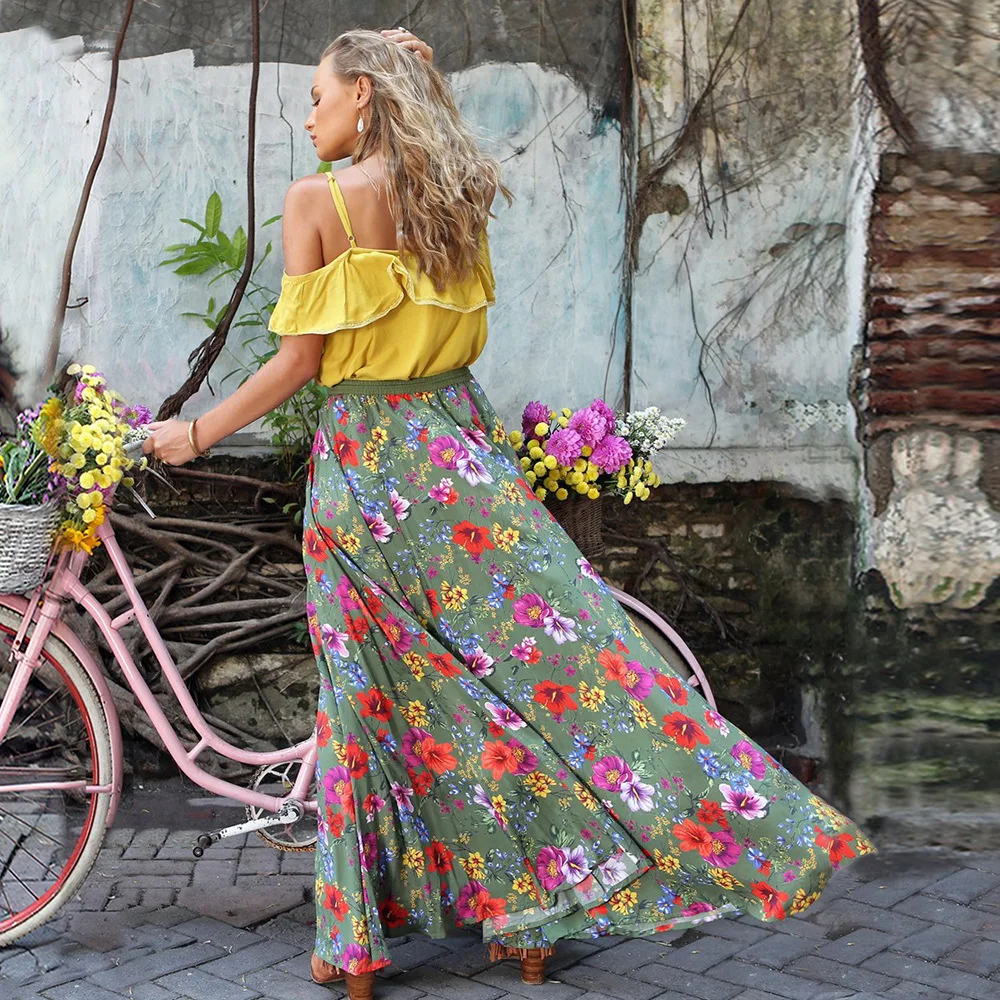 

Soolasea Bohemian Rode Daisy Bloemenprint Camis Spaghetti Strap Sexy Vrouwen Ruches Zoom Rayon Elastische BOHO dress Ruffles