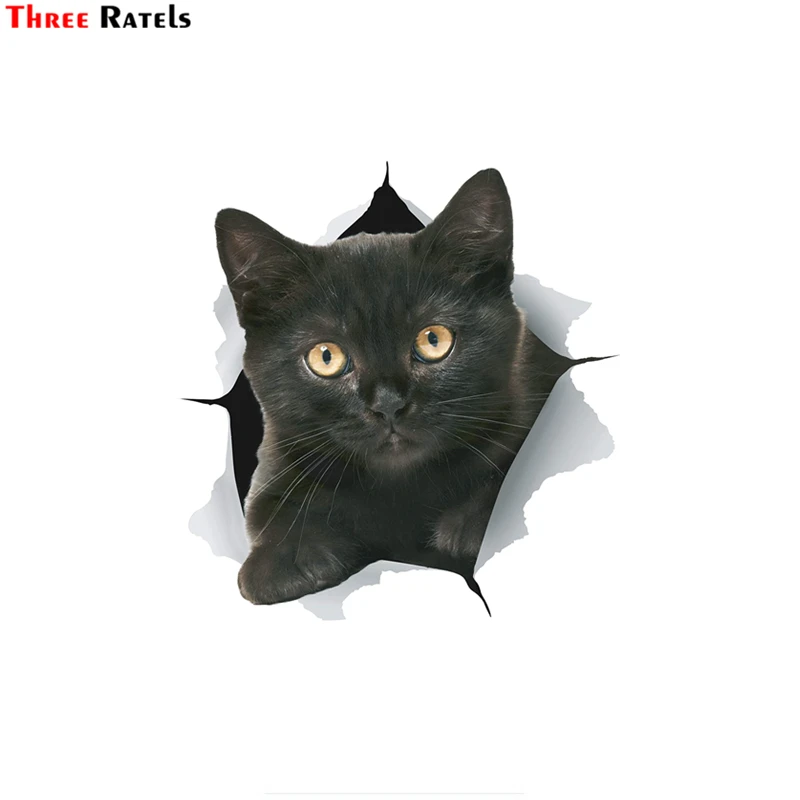 Pegatinas de gato 3D de tres Ratels, FTC-1044, negro, para coche, motocicleta, juguete, nevera, pared, inodoro