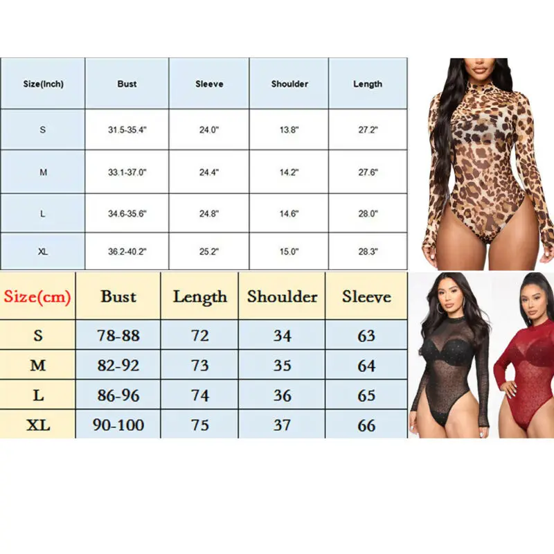 

Women Sexy Sheer Mesh Lace Leopard Jumpsuit Turtleneck Long Sleeve Stretch Tops Bodysuit Leotard Womens Tops