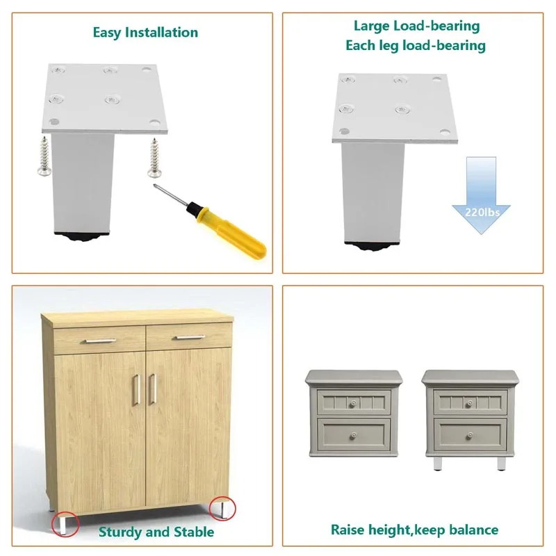 

4 Pack Adjustable Furniture Leg,Aluminum Alloy Support Feet Heavy Duty Legs for Sofa Bed Desk TV Cabinet Couch Dresser Table 5cm