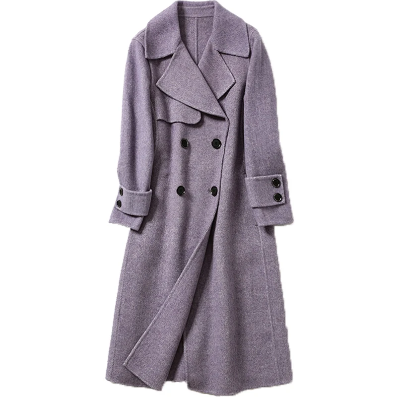 

winter new fashionable high-end double faced woolen coat women's medium long purple woolen cloth coat without cashmere