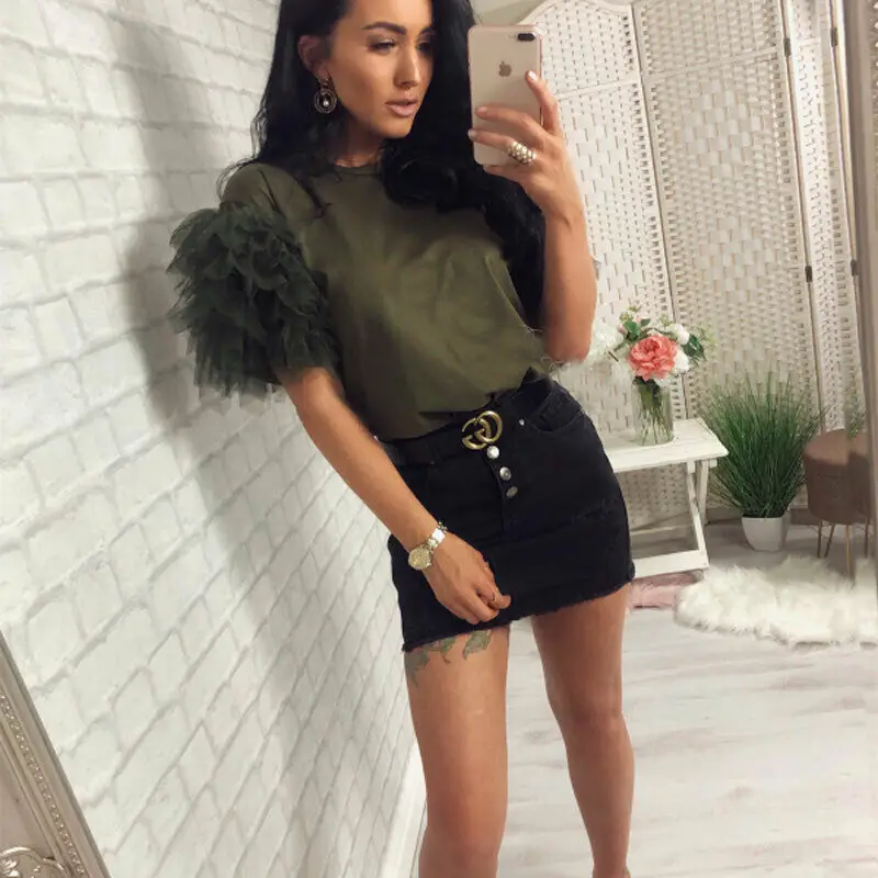 Женская футболка с коротким рукавом круглым вырезом и оборками | одежда