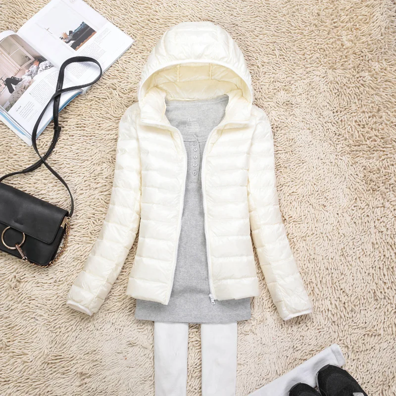 

Winter Women Ultralight Thin Down Jacket White Duck Down Hooded Jackets Long Sleeve Warm Coat Parka Female Portable Outwear 2021