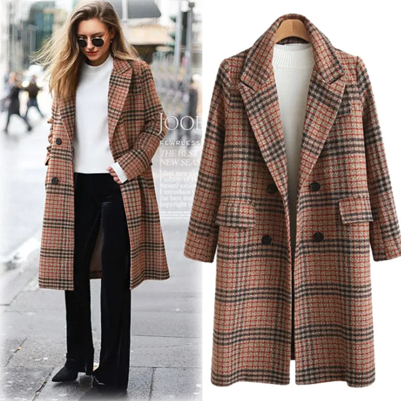 Женское шерстяное пальто в клетку свободные длинные двубортные шерстяные зимнее