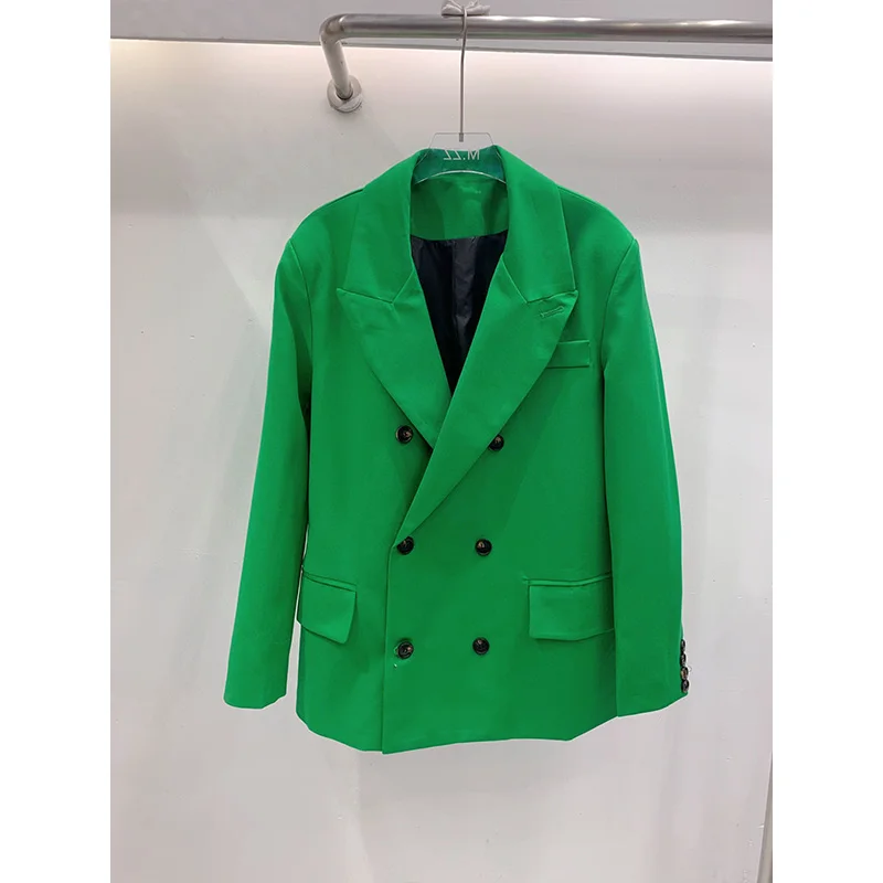 

Indie Aesthetic 2021 Autumn Winter For Ladies Temperament Brand New Long-Sleeved Notched Collar Green Loose Mid-Length OL Blazer