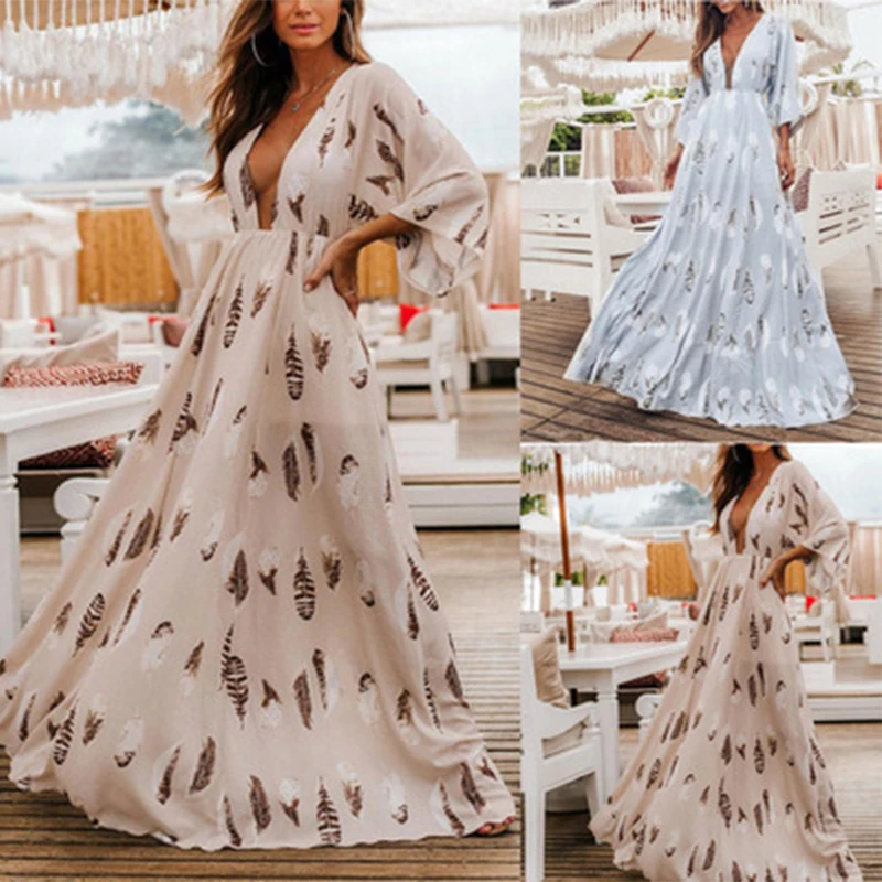 

dresses Women's dress summer 2021 bodycon v-neck sleeves fashion feather print dresses Female clothing ropa de mujer sexy dress