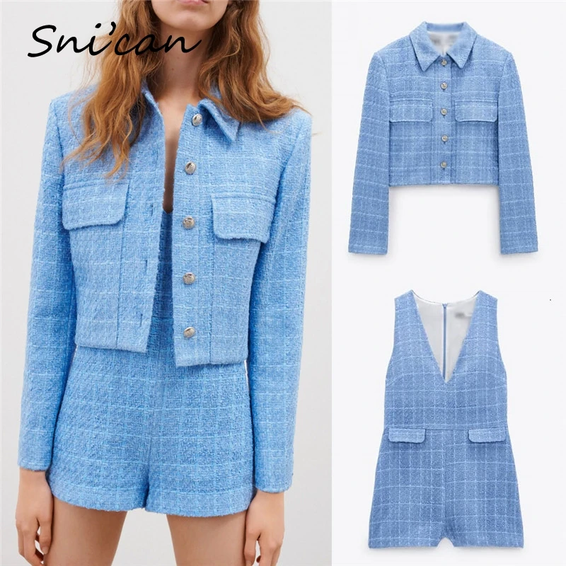 

Snican Veste Femme Solid Tweed Jacket Coat With Pockets Single Breasted Office Ladies Uniform Manteau Casual Crop Tops Za Spring