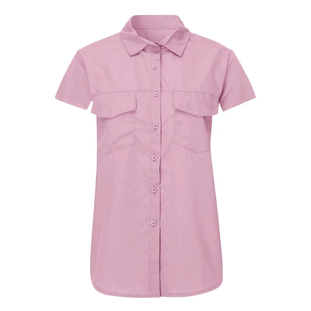 

Plus Size Pink Black Red Shirts Female Women'S Casual Short Sleeve Button Tops Lapel Collar Shirt Solid Color Tunics Blusas Femi