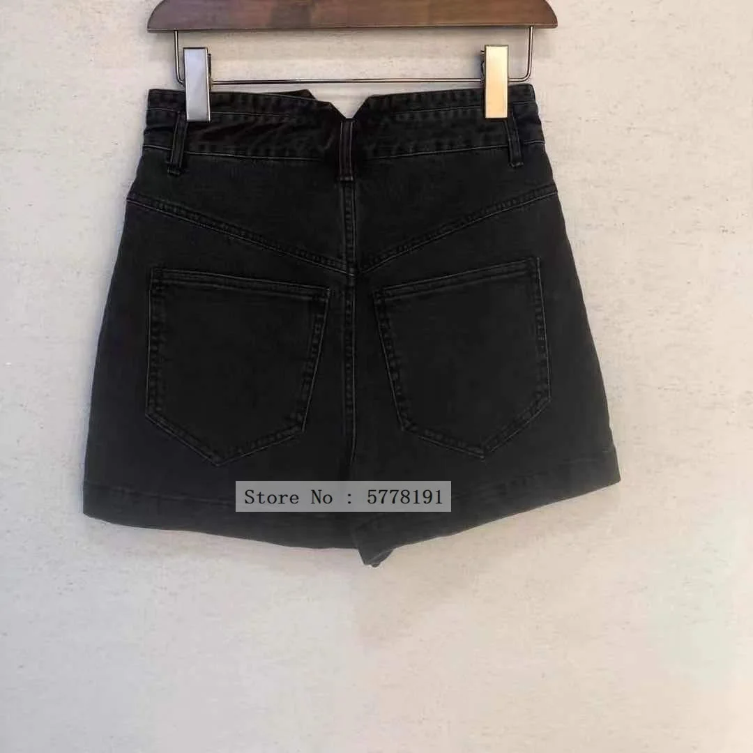 

Woman Denim Shorts Washed Blue Black High Waist Short Pants With Pockets Front Lined Buttons