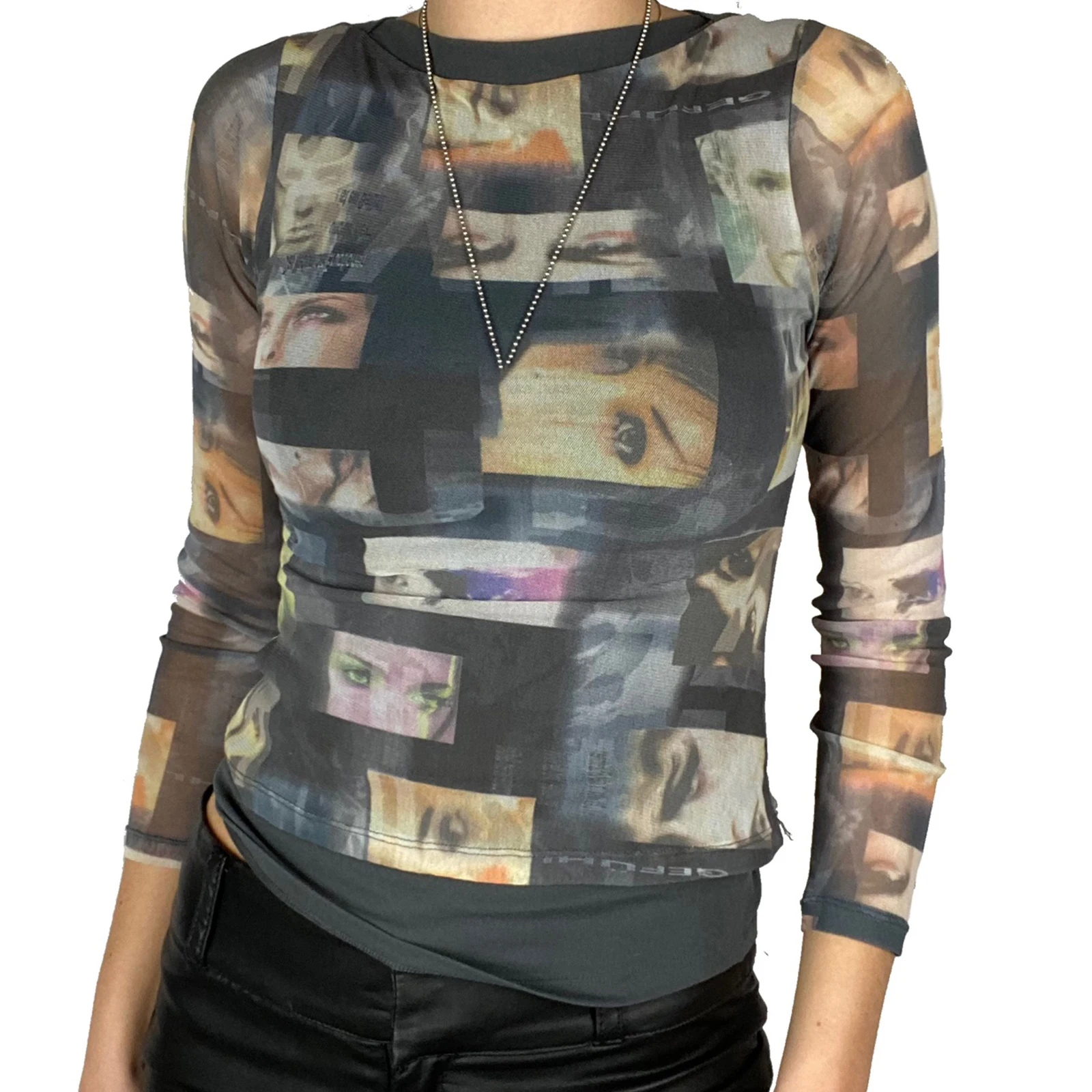 

Gothic Harajuku Streetwear Style Black Patchwork Mesh Transparent T-Shirt E-Girl Pattern Women Long-Sleeved Slim Tailored Top